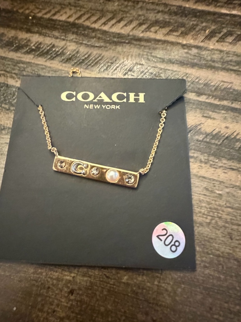 Coach Gold-Tone Bar Necklace With Crystal And Pearl Accents